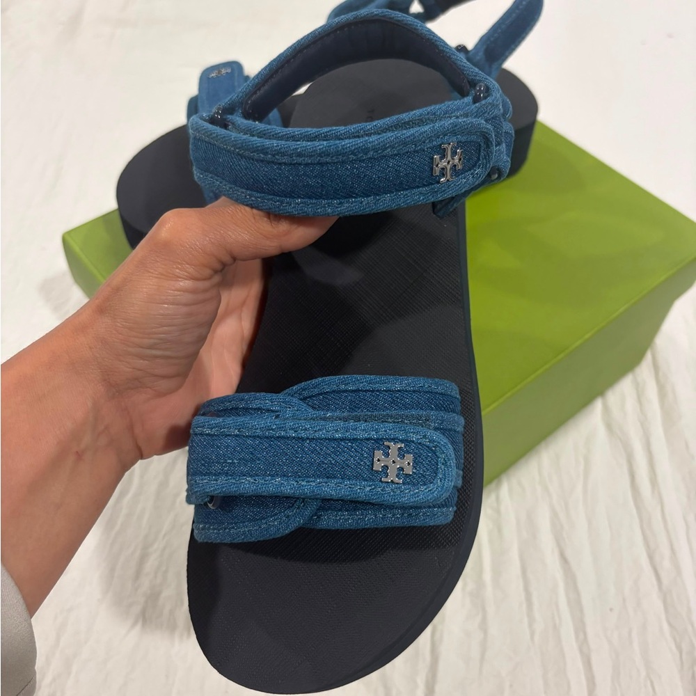 Tory Burch Denim Blue Logo Strap Sandals